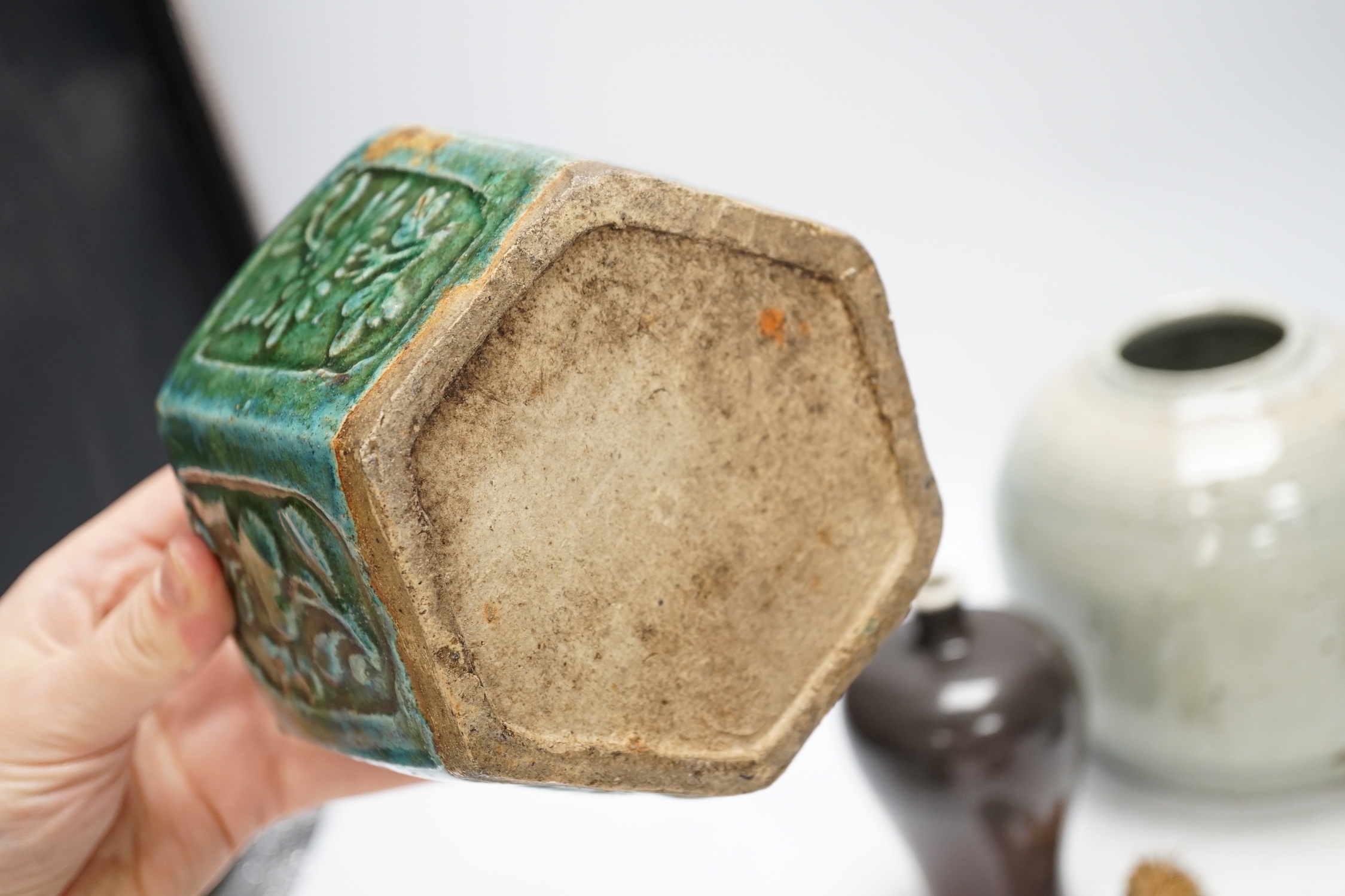 A group of Chinese porcelain etc, 18th century and later (8), including a crackle glaze Dragon water pot, c.1900 and a brown glazed meiping, early 20th century